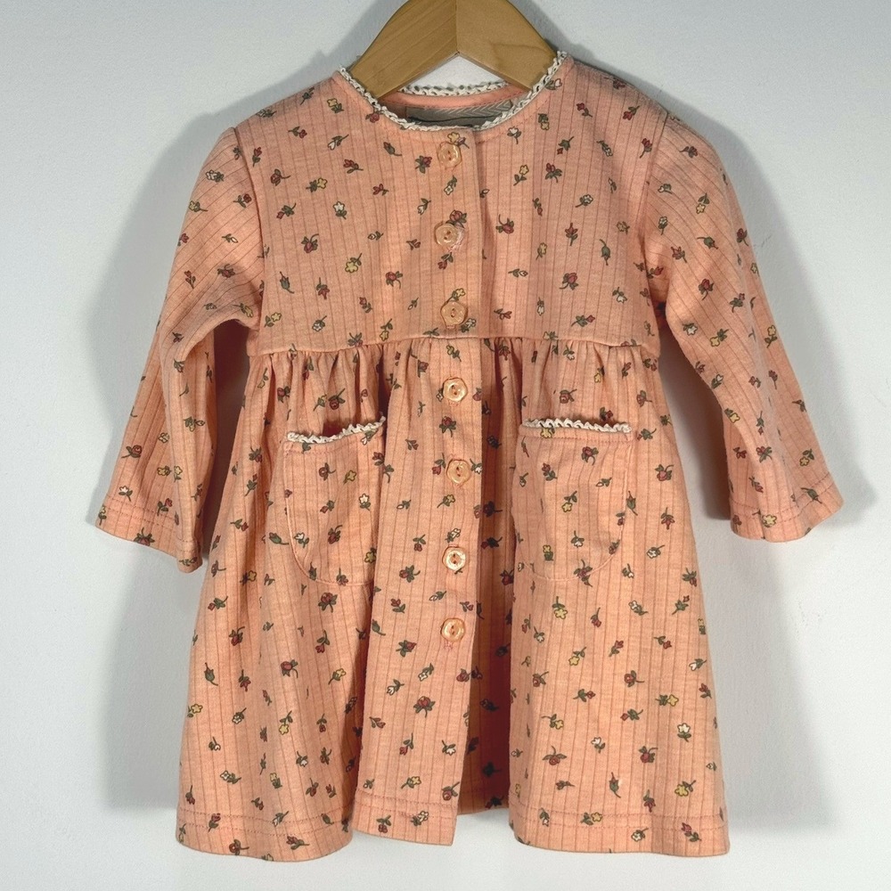 Vintage Baby Boots Peach Floral Ribbed Button Front Dress 12M Made in Canada
